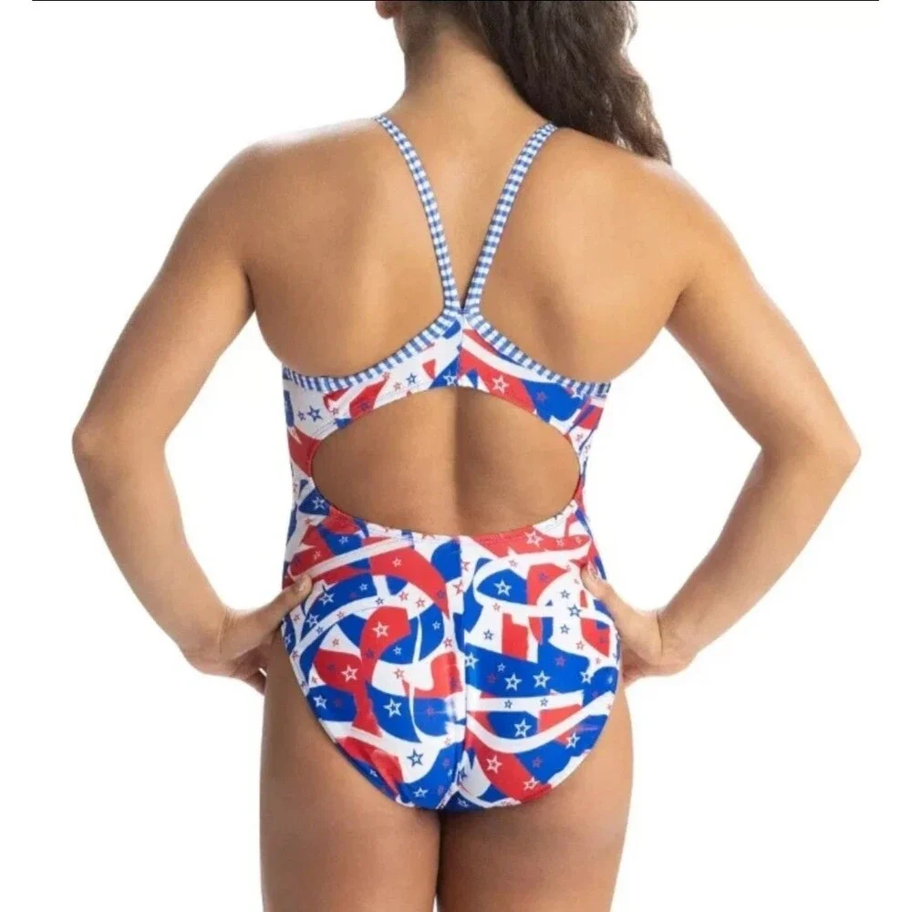 Dolphin Women's Uglies Multicolor Star Salute V-back 1 Piece Swim Sz 38 New